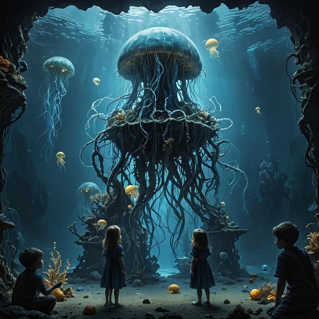 Eerie Underwater Museum in Dark Fantasy Style