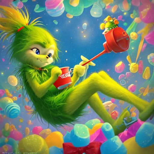 Grinch with Candy Bucket in Children's Book Style