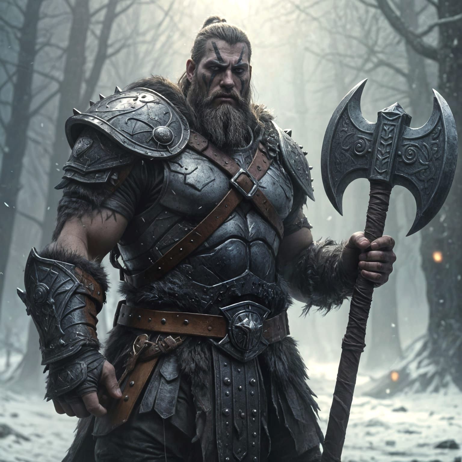 Young Goliath Barbarian in Scale Mail, Holding Hammer and Ha...