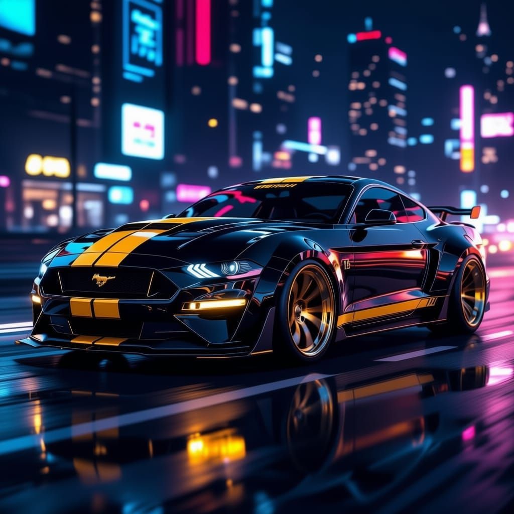 Futuristic Sci-Fi Muscle Car in Neon City Night Ride