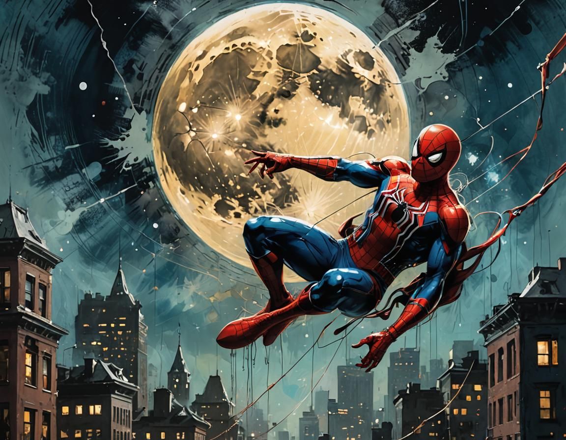 Spider-Man Swinging: Gouache and Watercolor Style