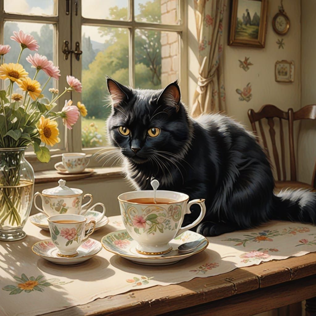 Charming Black Cat in Whimsical Tea Party Scene