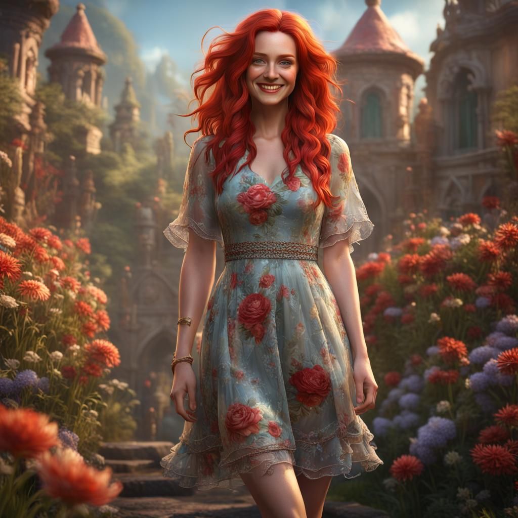 Beautiful Red-Haired Woman in Floral Dress