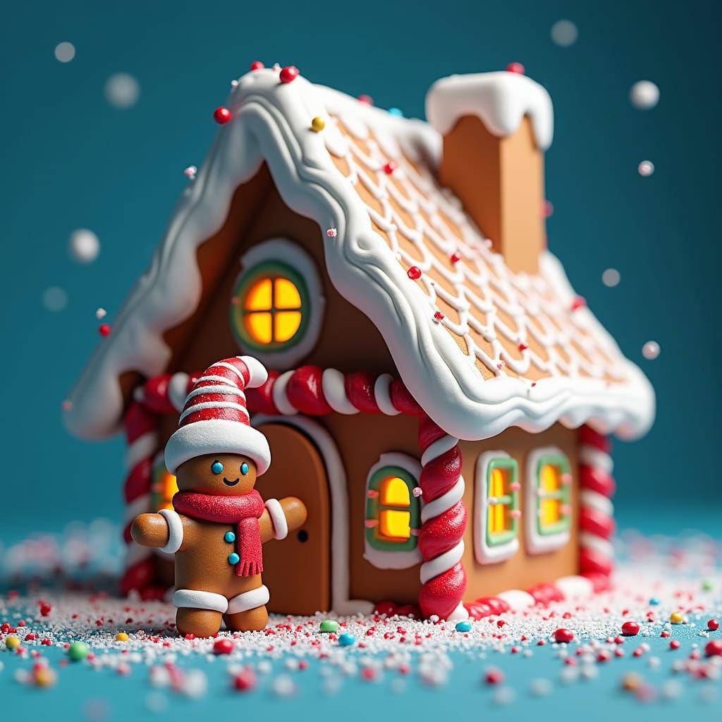 Gingerbread House and Man in Whimsical Digital Art