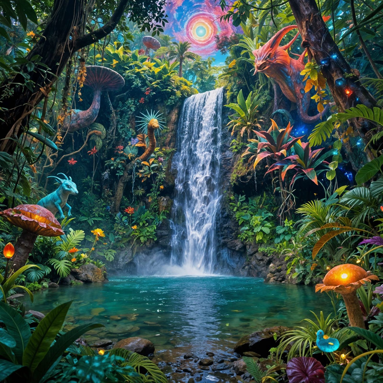 Otherworldly Jungle with Nebulae Sky and Surreal Creatures