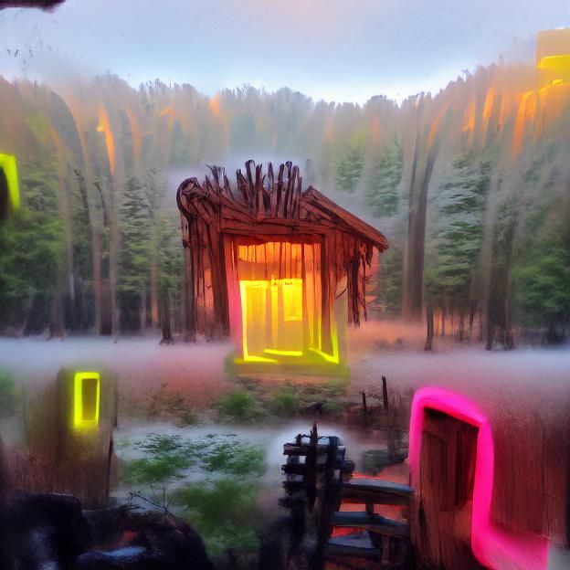 Cyborg Cabin in Golden Woods at Sunrise