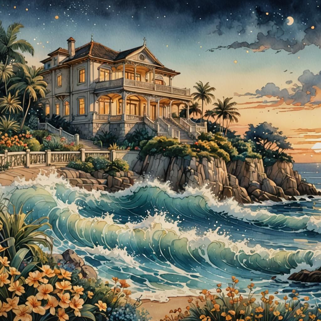 Elegant Seaside Villa in Watercolor with Stardust