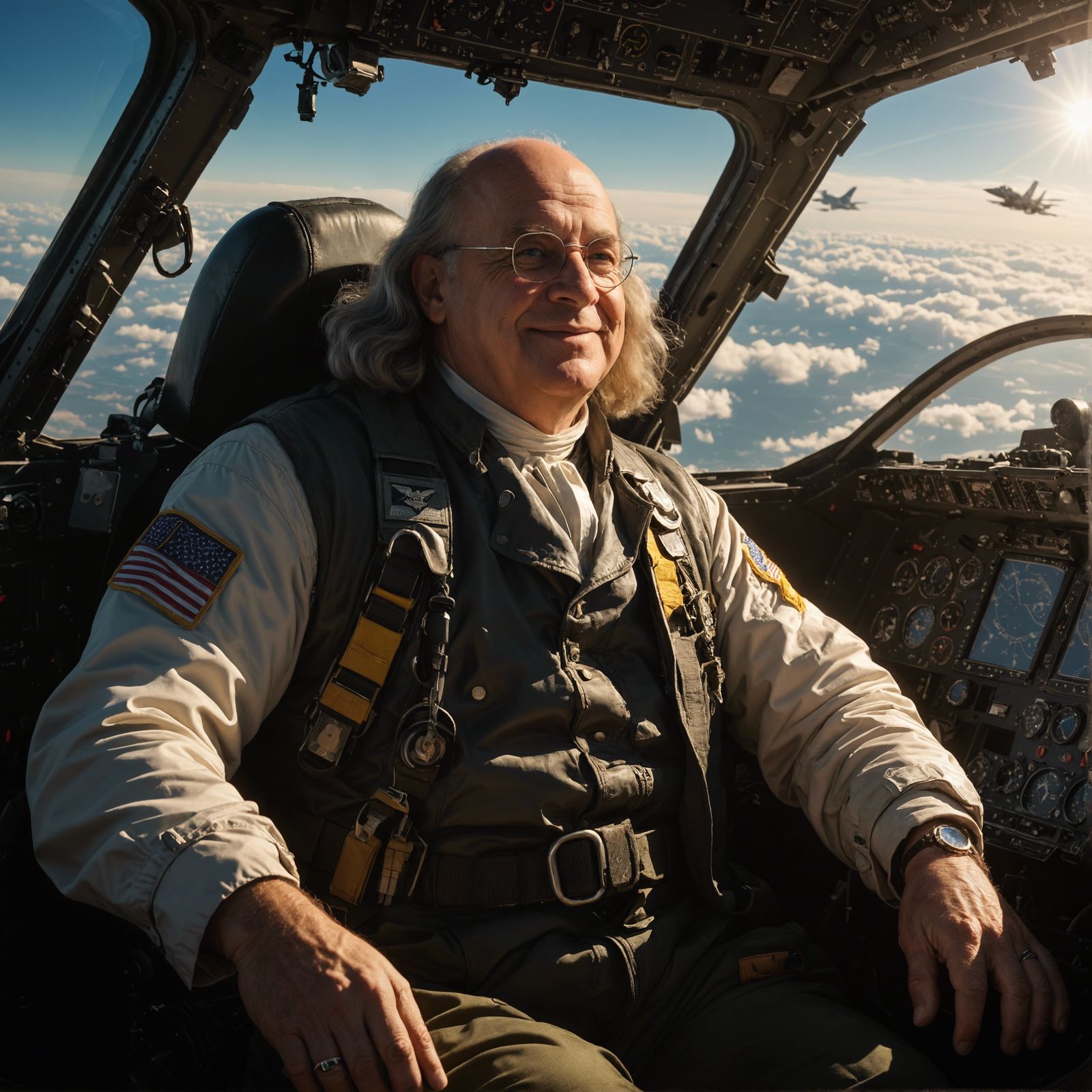 Benjamin Franklin Soars in Fighter Jet Portrait