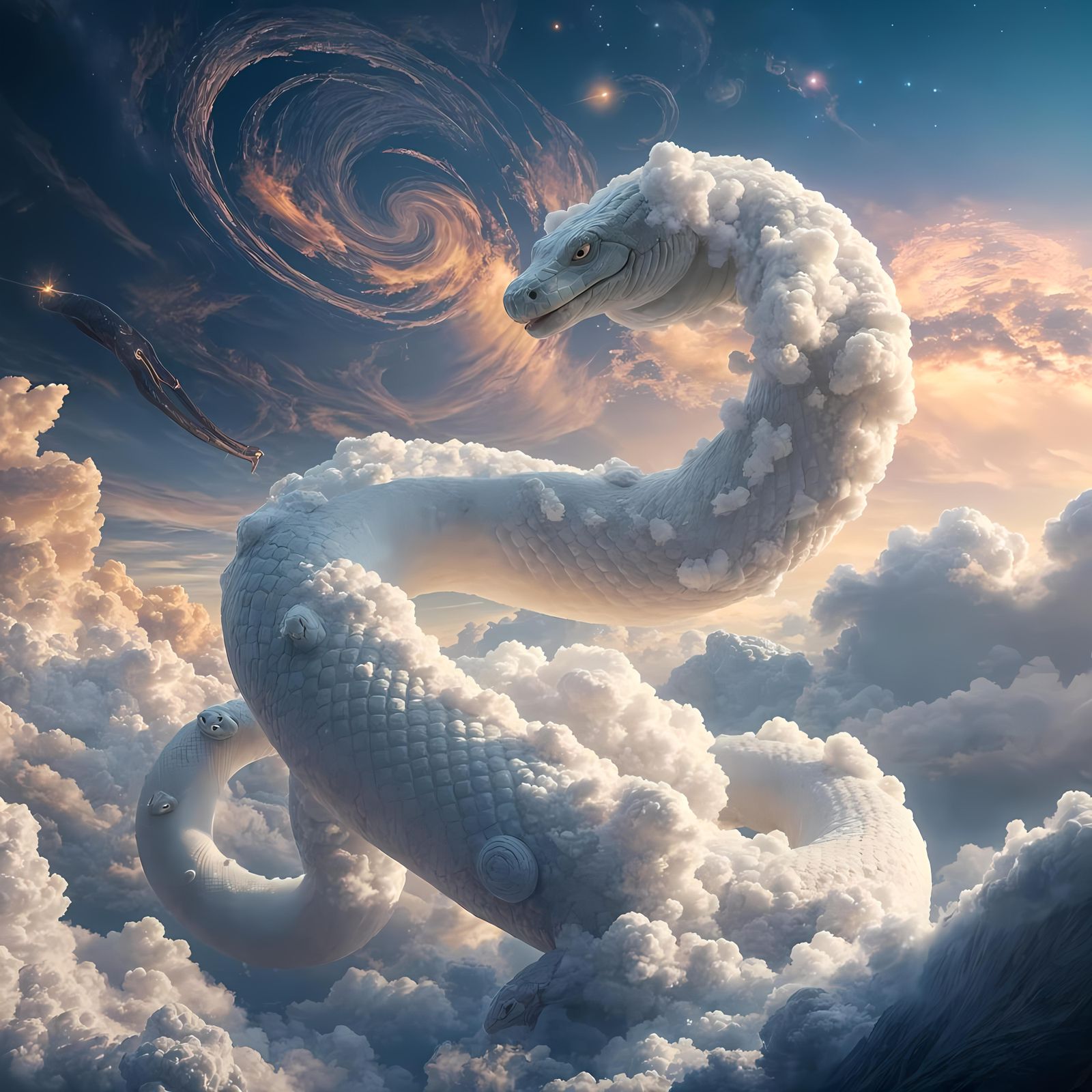 Giant Cloud Snake Twisting Through Fantasy Cosmos
