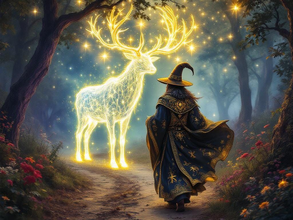 Medieval Wizard and Starlight Stag in Enchanted Forest