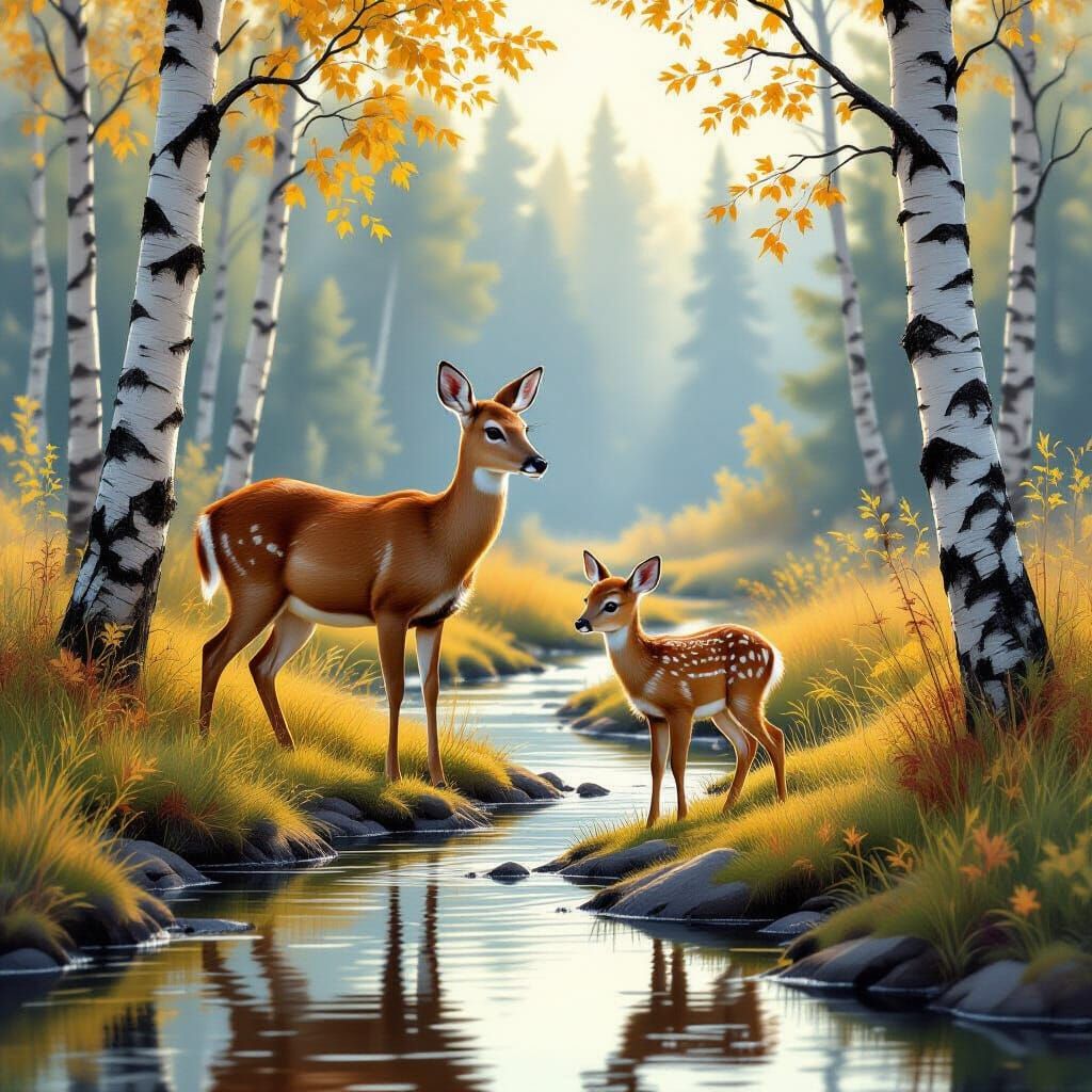 Serene Woodland Scene: Mother Deer and Fawn by Stream