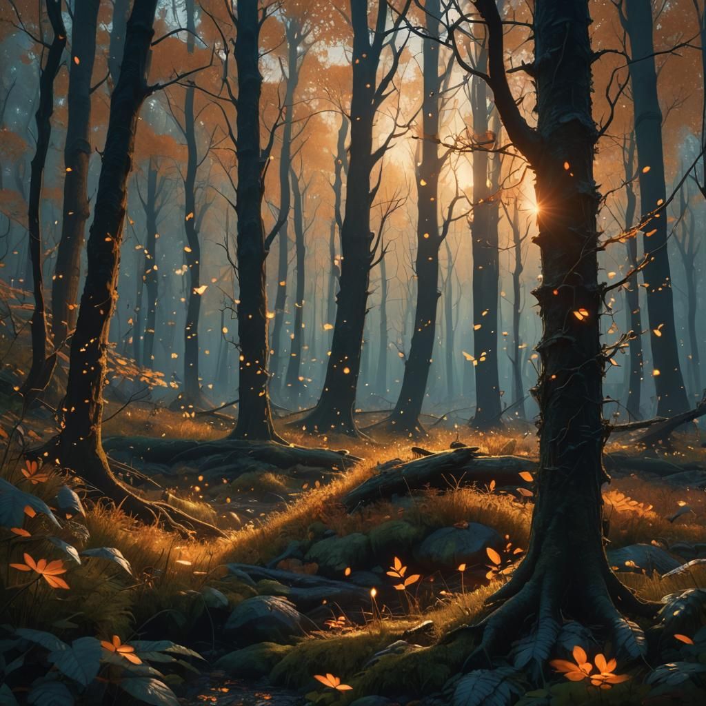 Autumn Forest with Fireflies, Conceptual Art