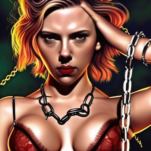 Woman in Red Lace Bra with Chains