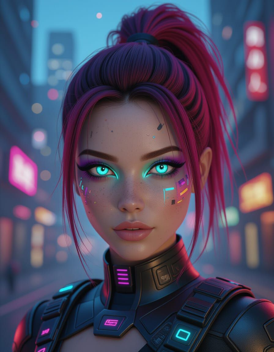 Cyberpunk Woman with Turquoise Eyes and Cranberry Hair