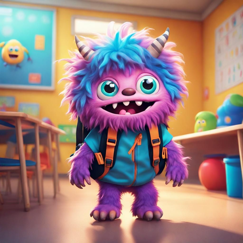 Nervous Little Monster in Kindergarten Classroom