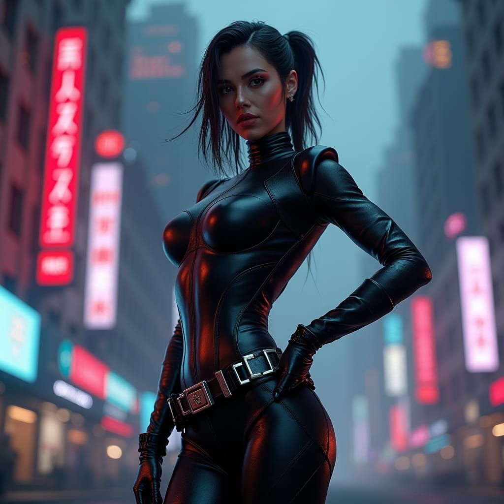 Woman in Black Latex Catsuit in a Futuristic Cityscape