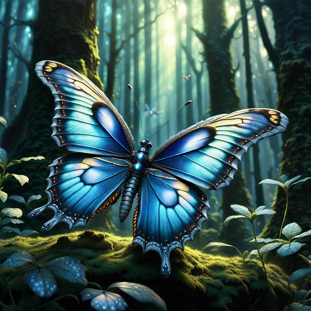 Armored Butterfly in Mystical Forest, Digital Painting