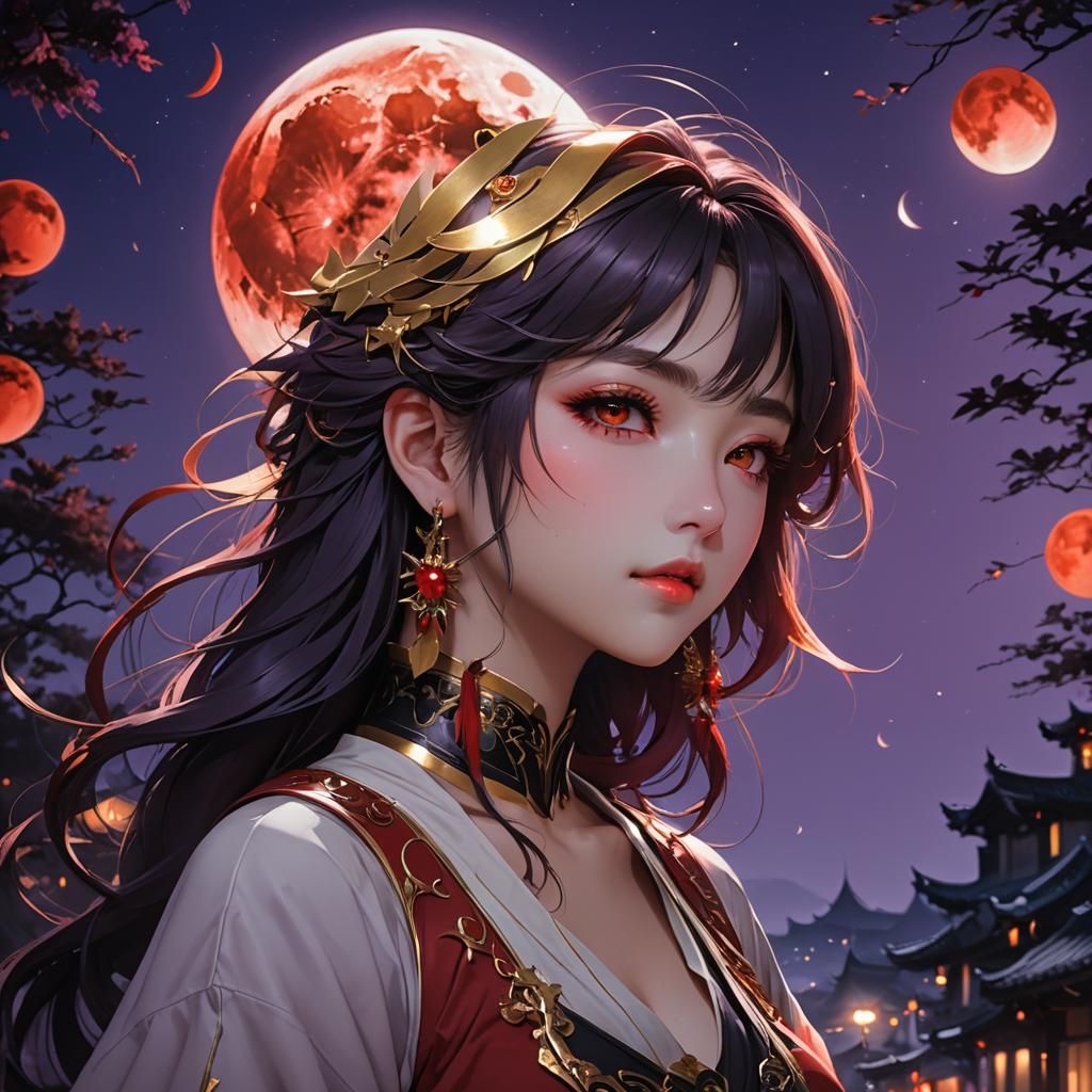 Beautiful Girl Under Purple Moon Eclipse, Anime Art