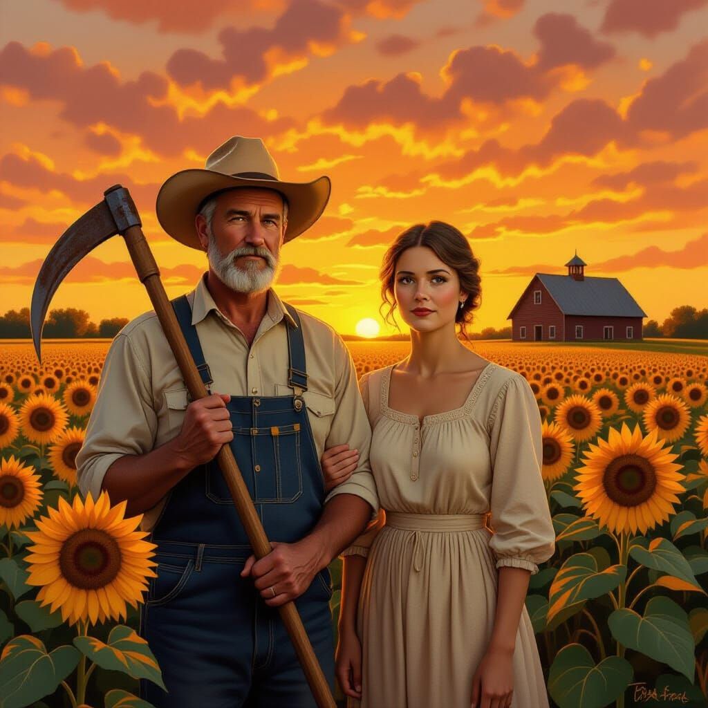 Midwestern Gothic: Sunflowers at Dusk in Regionalist Style