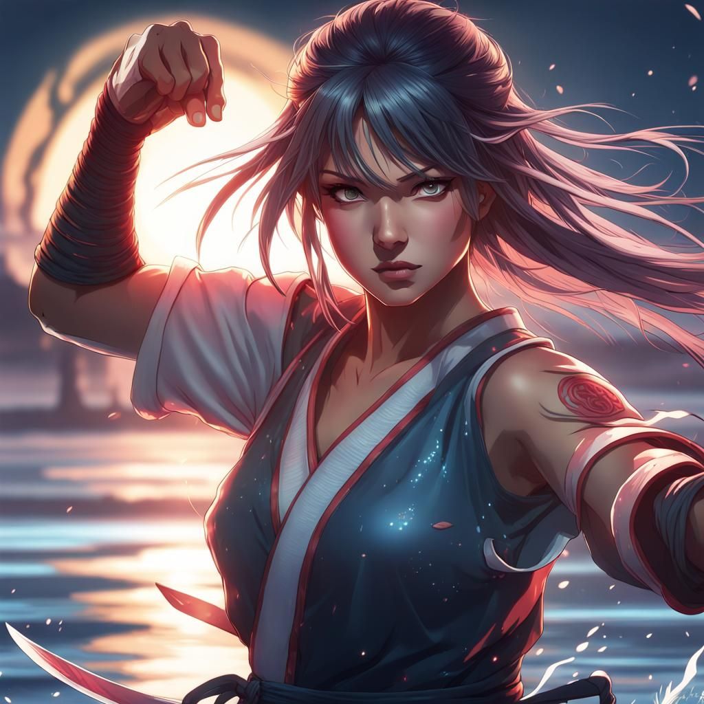 Anime Warrior Practicing Martial Arts at Night
