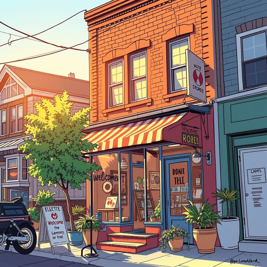 Warm Comic Book Inspired Neighborhood Storefront Scene