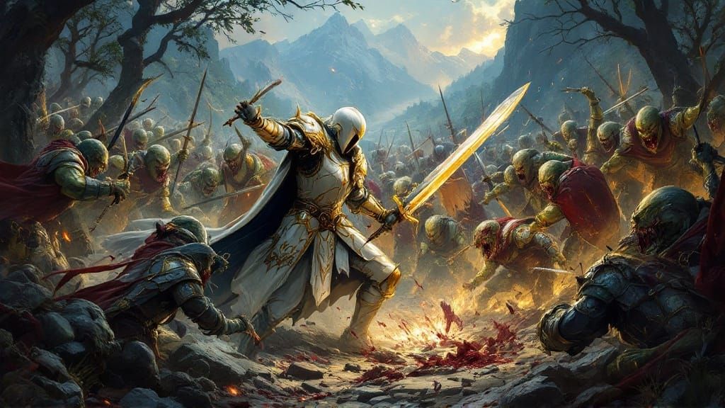 Medieval Knights Clash with Goblins in a Dark, Misty Forest