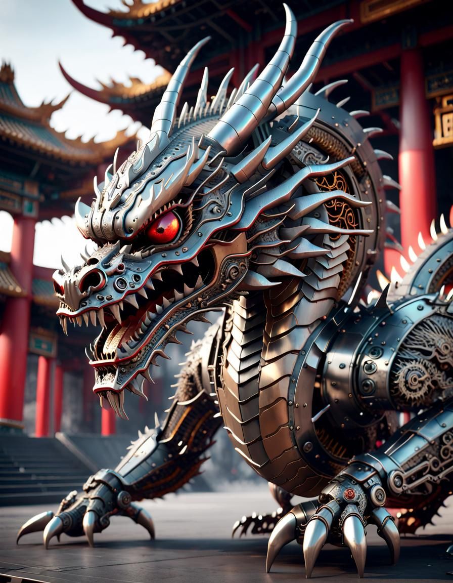 Futuristic Metal Chinese Dragon in Sci-Fi Style