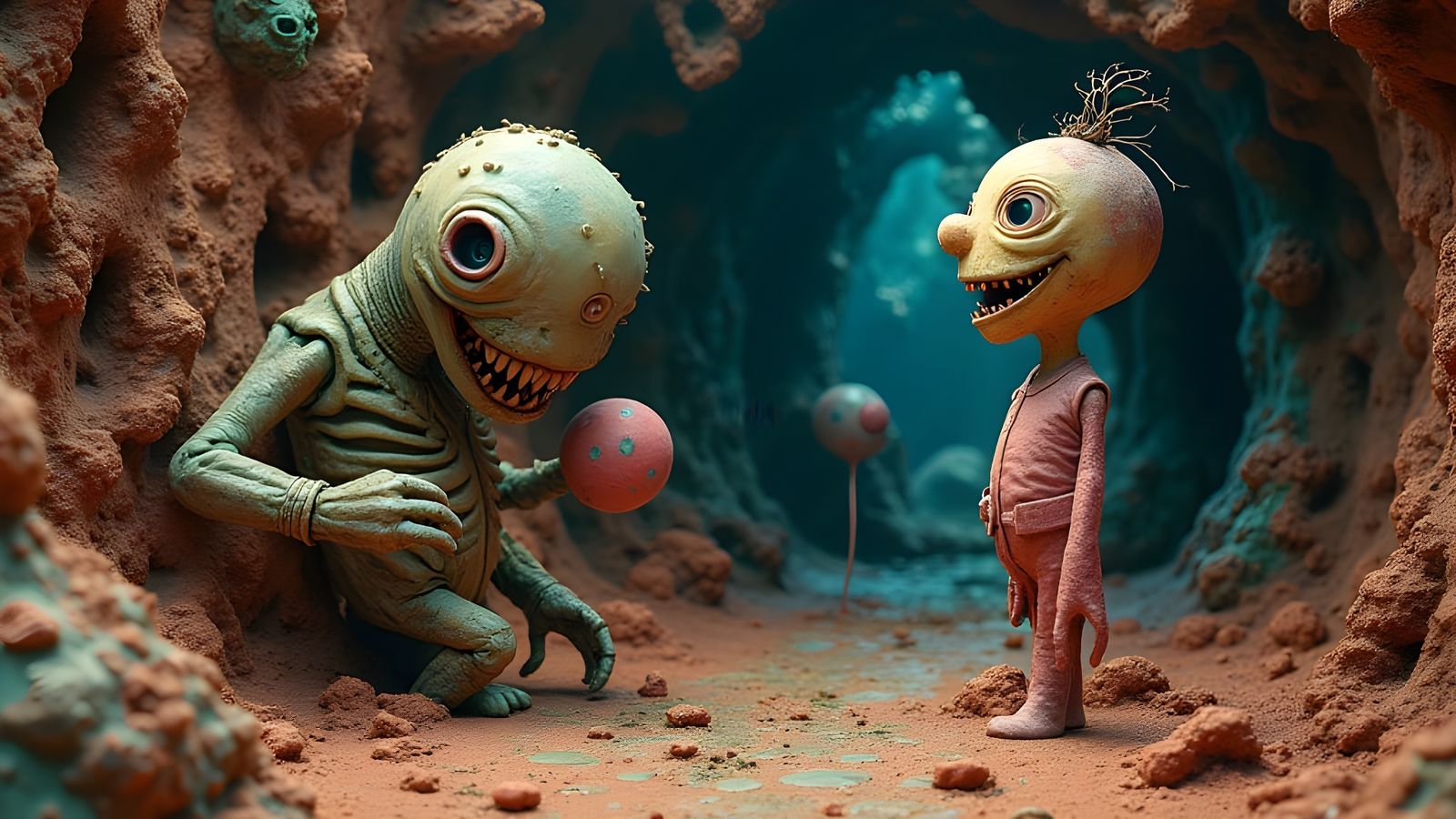 Dreamlike Claymation Scene in Vibrant, Eerie Colors