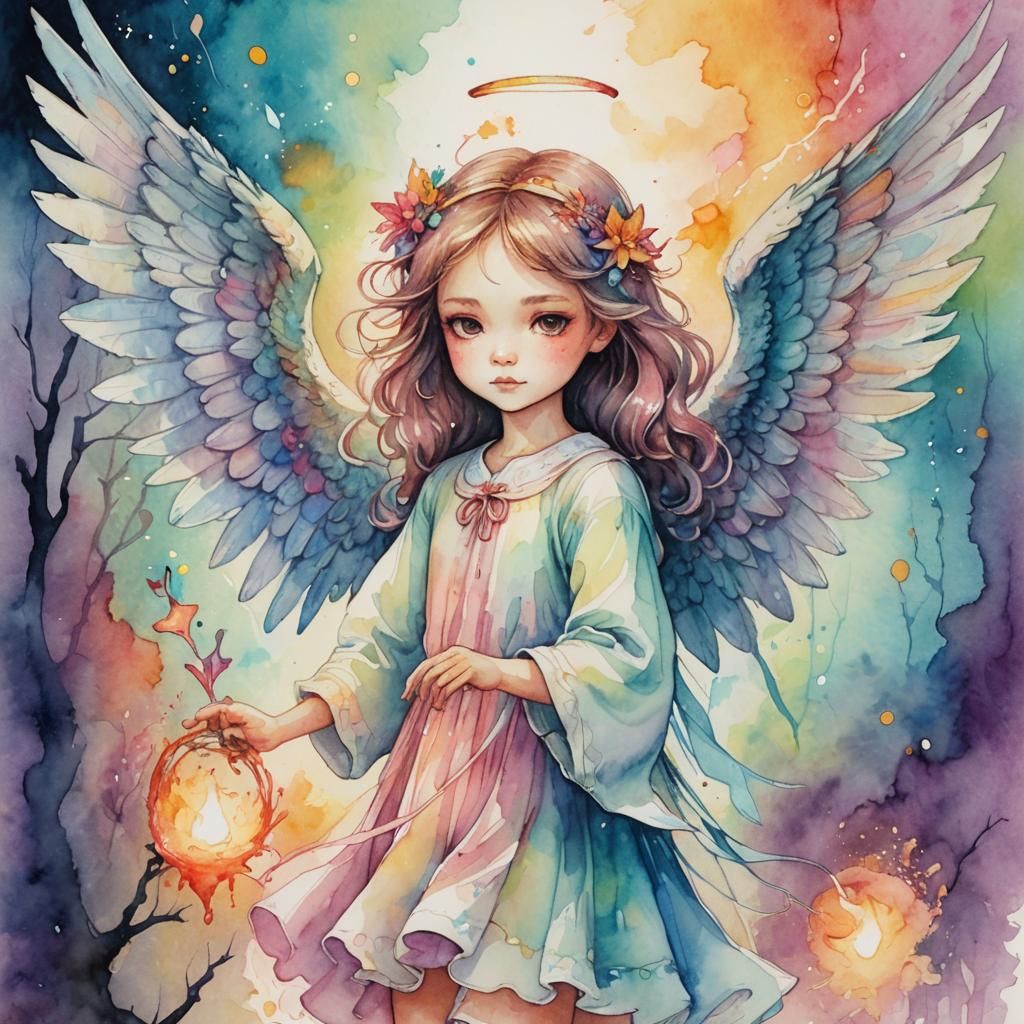 child's crayon colored pencil drawing, cute  angel and chibi...
