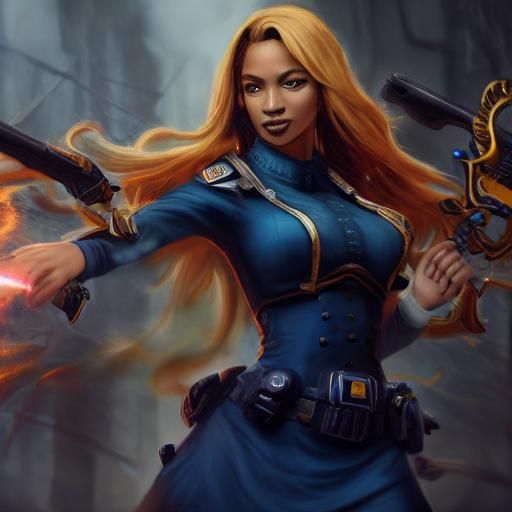 Black Police Girl with Gun in Detailed Matte Painting