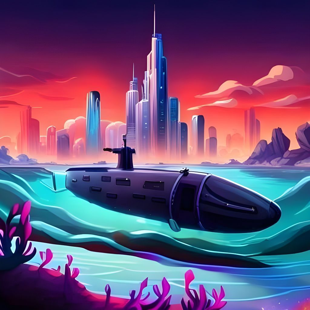Retrofuturistic Submarine Exploring Underwater City: Digital...