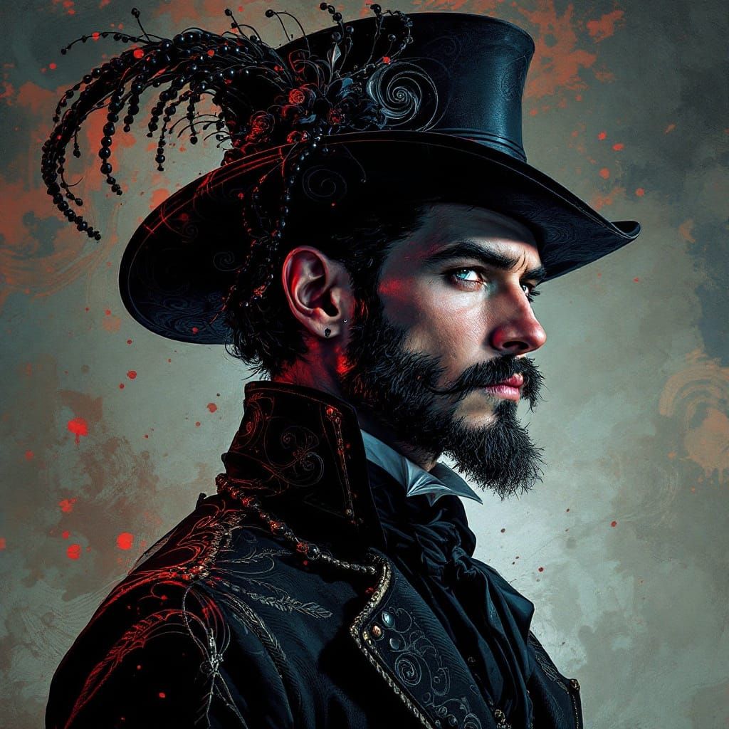 right side profile of dashing rogue wearing an outlandish foppish black hat with black beads and flowers and a swirled p...