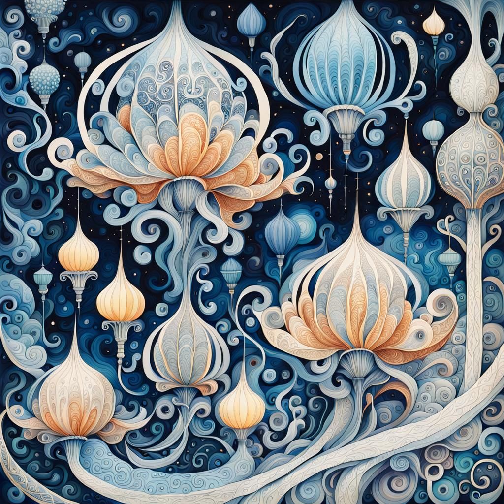 Abstract Blue Watercolor with Fantastical Creatures