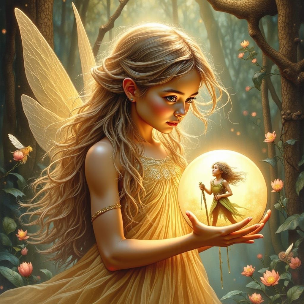 Whimsical Fairy Girl Enchanted by Crystal Ball