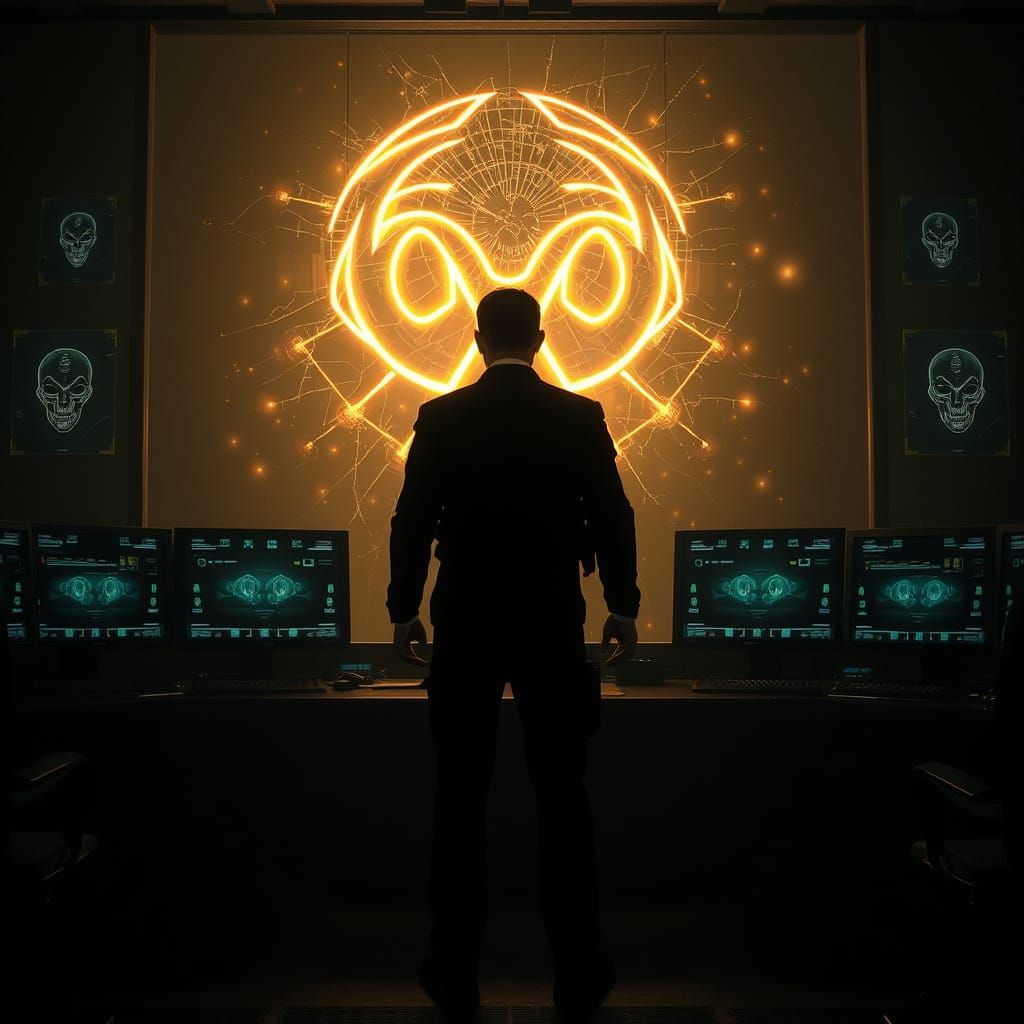 Eerie Sci-Fi Scene: Men in Black Agent in Control Room