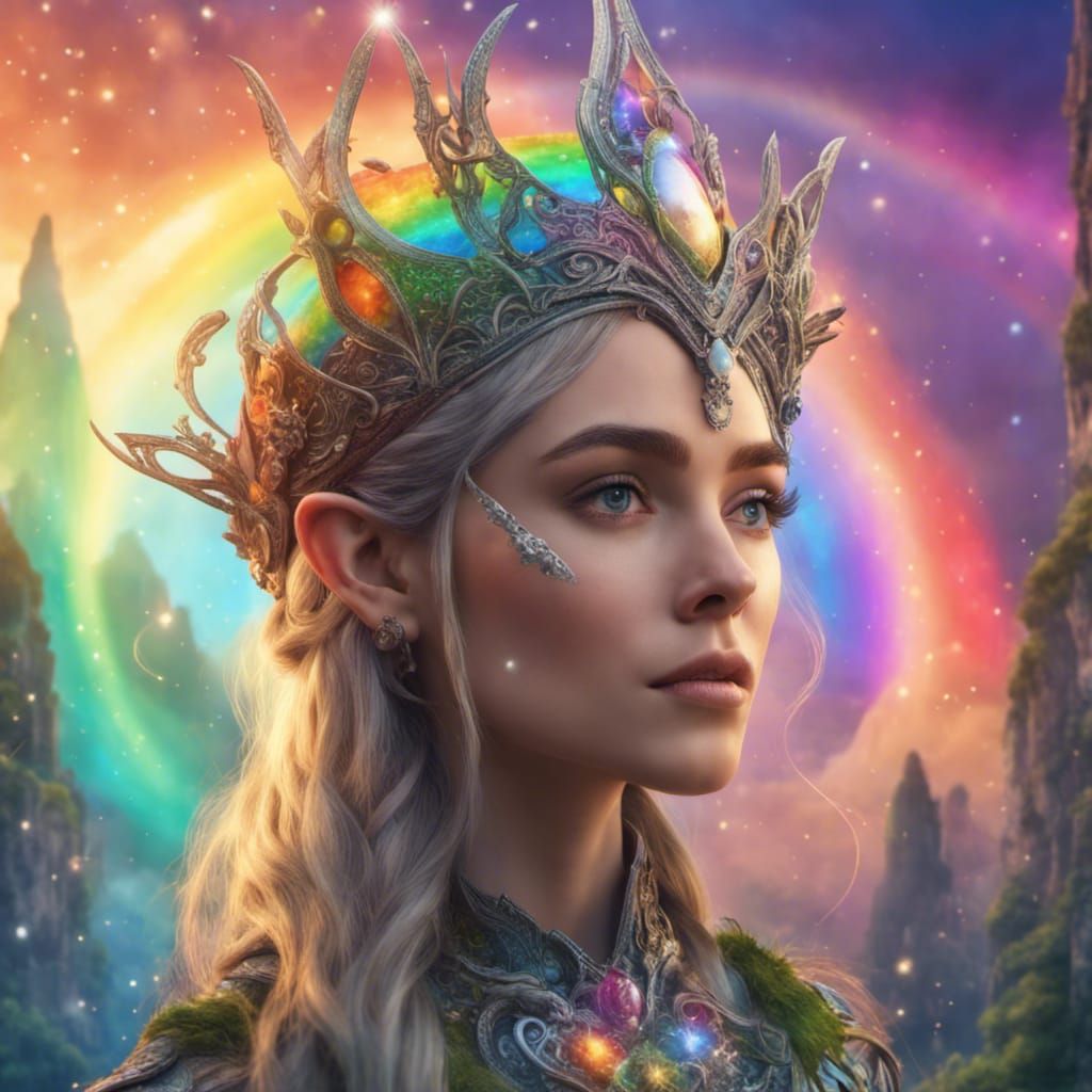 Elven Woman Gazing at Portal in Fantasy Sky