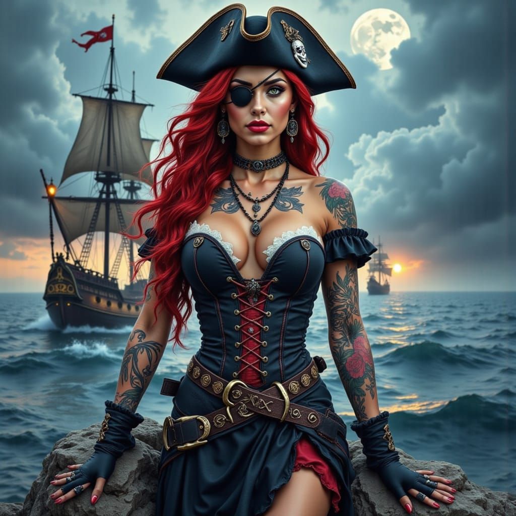 Athletic Pirate Woman Double Exposure with Ship and Storm