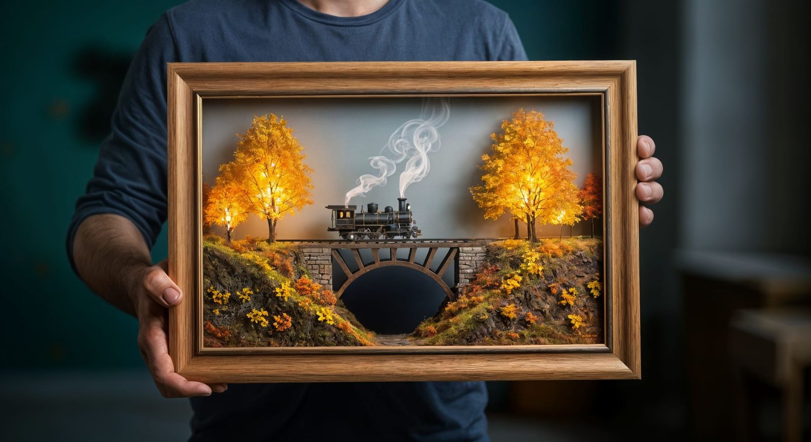 Man Holds Painting of Miniature Autumn Railway Scene