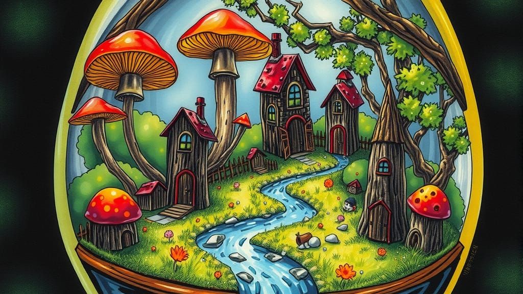 Gnome Village in Bell Jar: Alcohol Ink Art