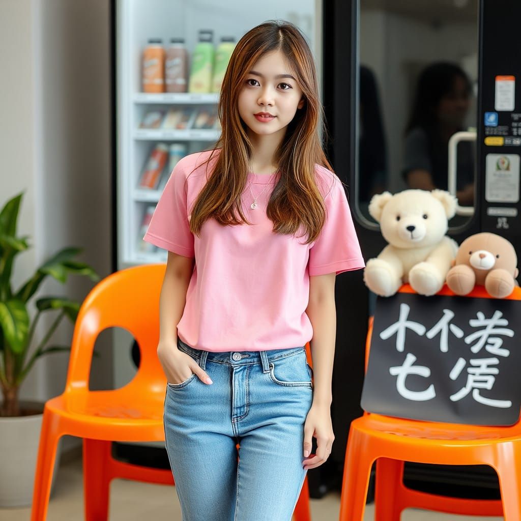 Japanese Woman with Stuffed Animals and Vending Machine