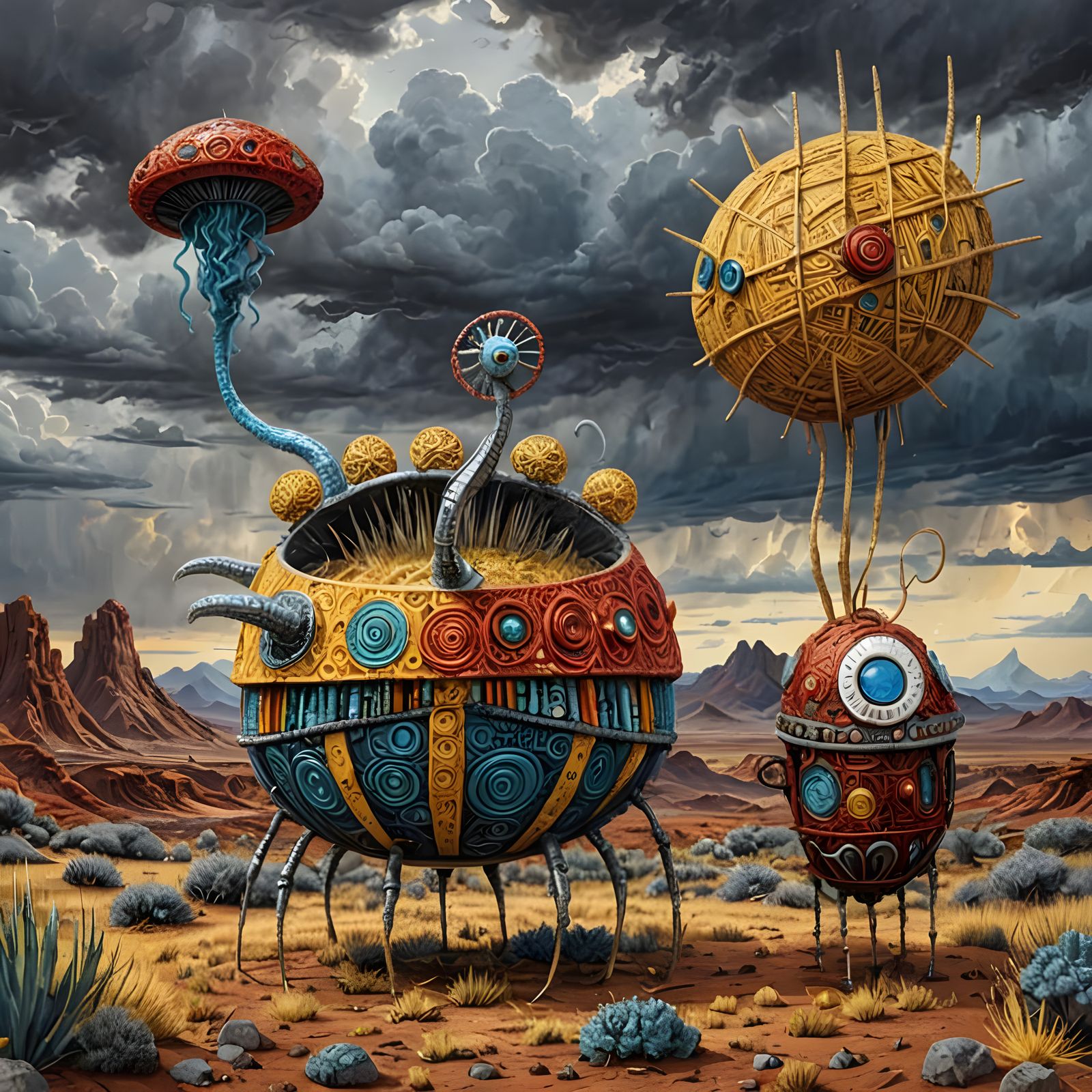 Titanium and Straw Alien Beast in Vibrant, Dreamlike Landsca...