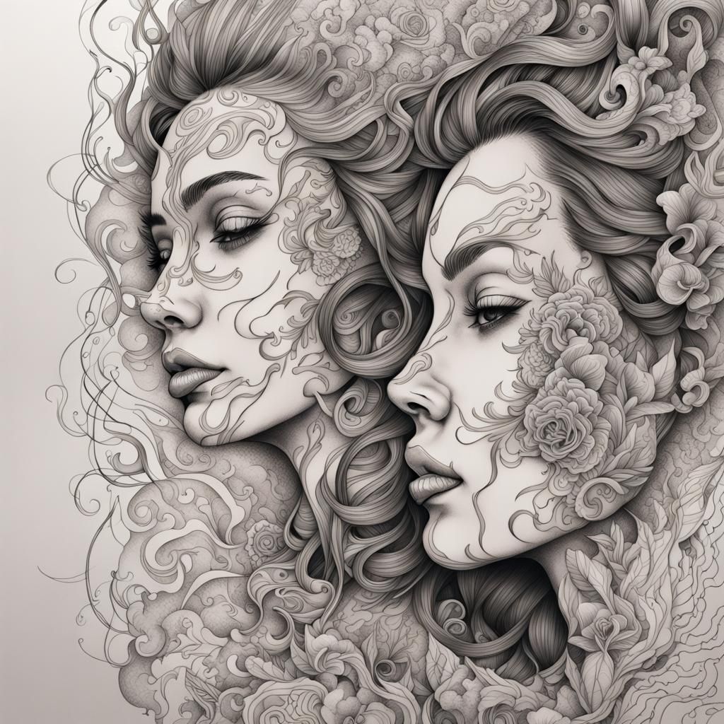 Intricate Line Art Tattoo: Faces in Smoke