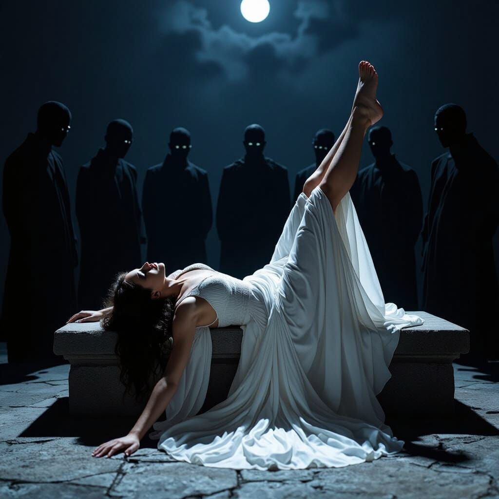 Enigmatic Woman on Stone Platform in Moody Moonlight