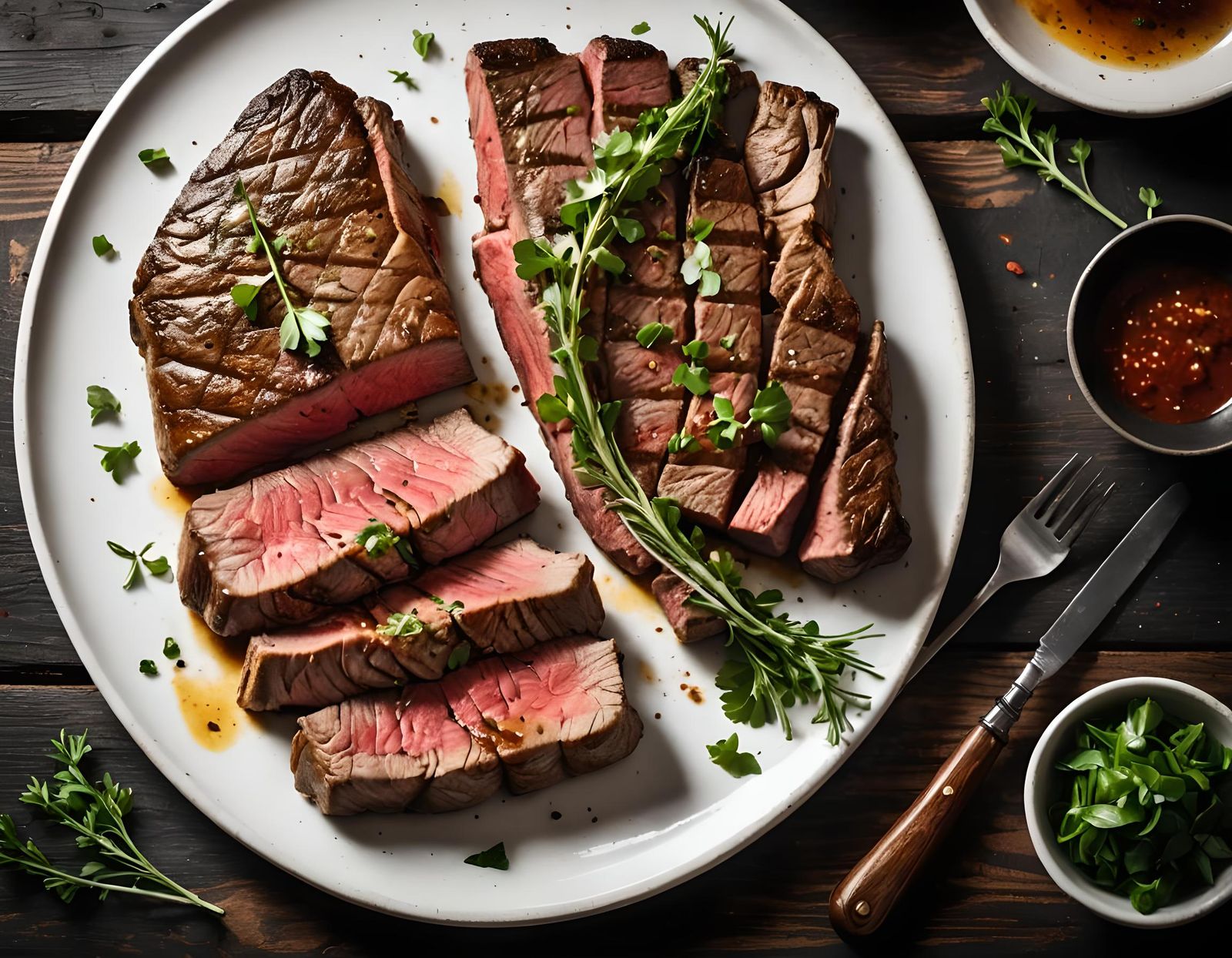 Juicy Steak on White Plate with Herbs