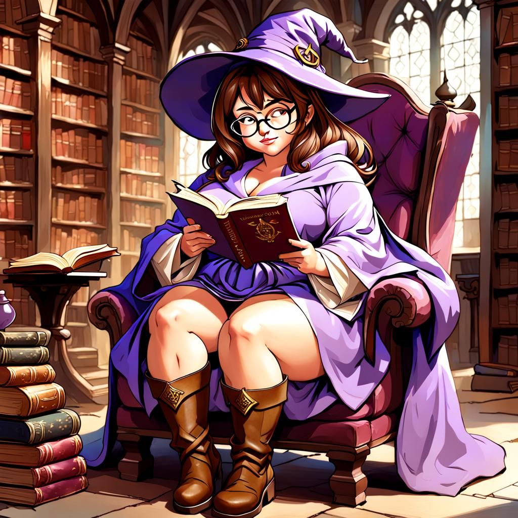 Fantasy Wizard in Library with Lilac Robes
