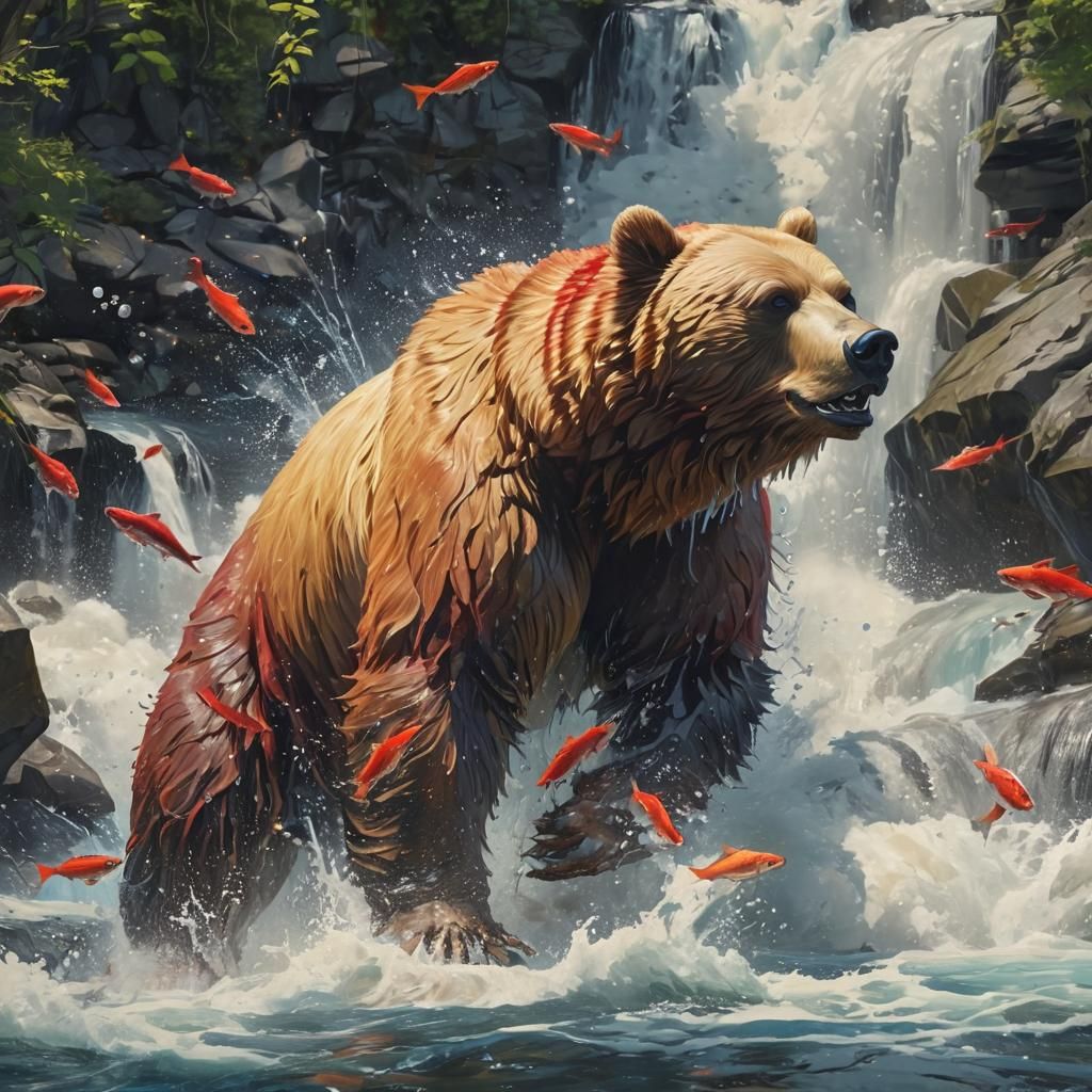 Magical Bear Chasing Salmon: Manga-Style Digital Art