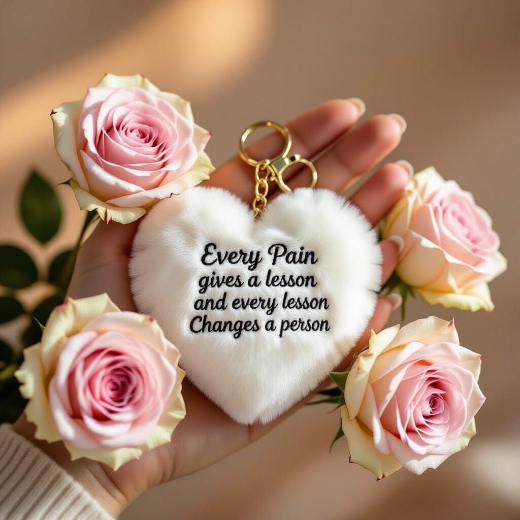 Woman's Hand Holds Heart Keychain With Inspiring Text and Ro...
