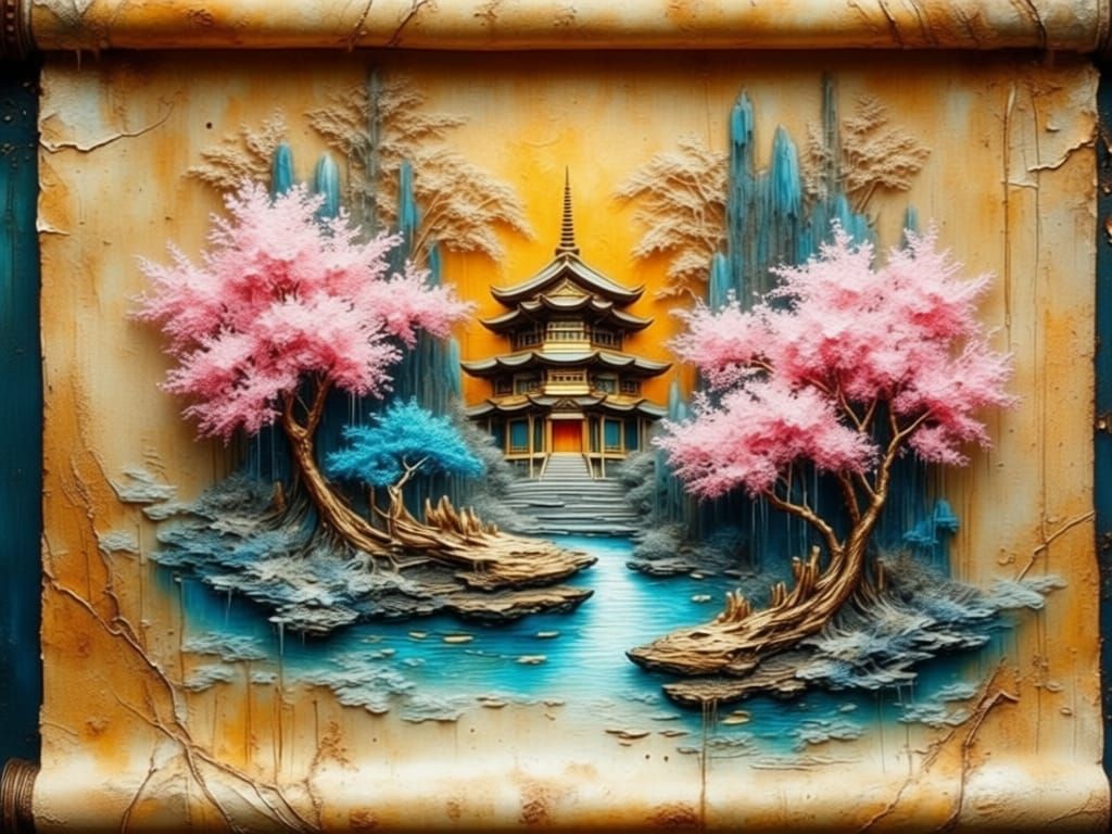 Surreal Scroll Unfurls Pagoda, Stream, and Cherry Blossoms