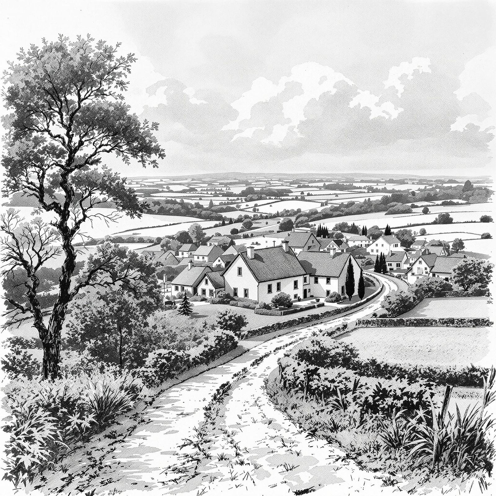 Countryside Village in Smeared Pencil Drawing
