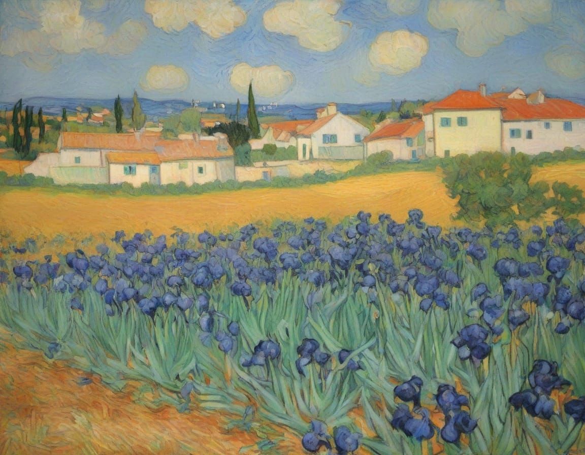 Impressionist View of Arles with Vibrant Irises